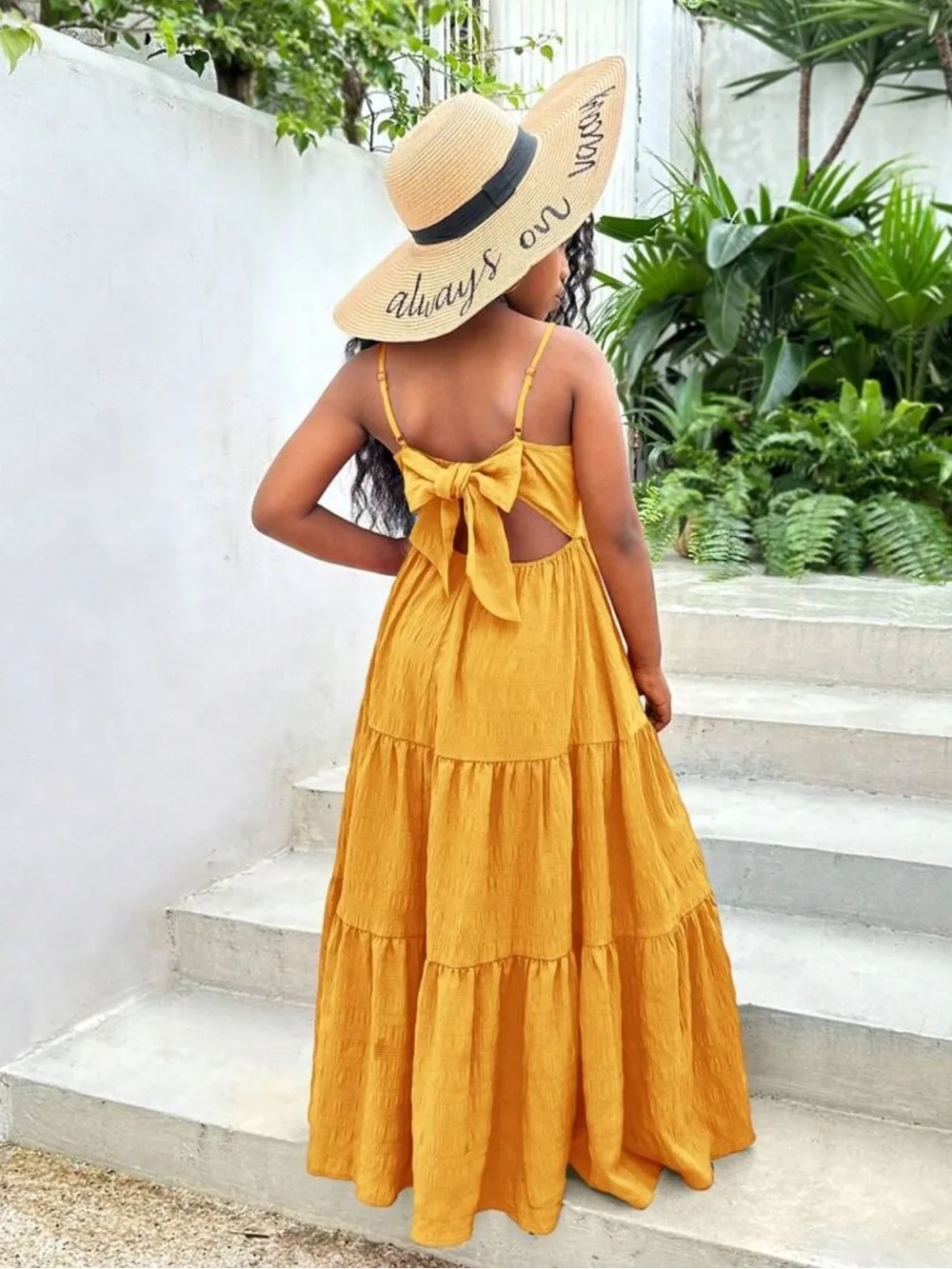Girls' Mustard Tiered Maxi Dress - Sleeveless Spaghetti Strap